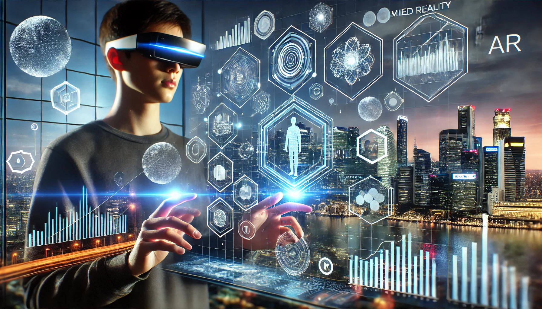 A person using Augmented Reality (AR) technology with holographic 3D interfaces in a futuristic cityscape.